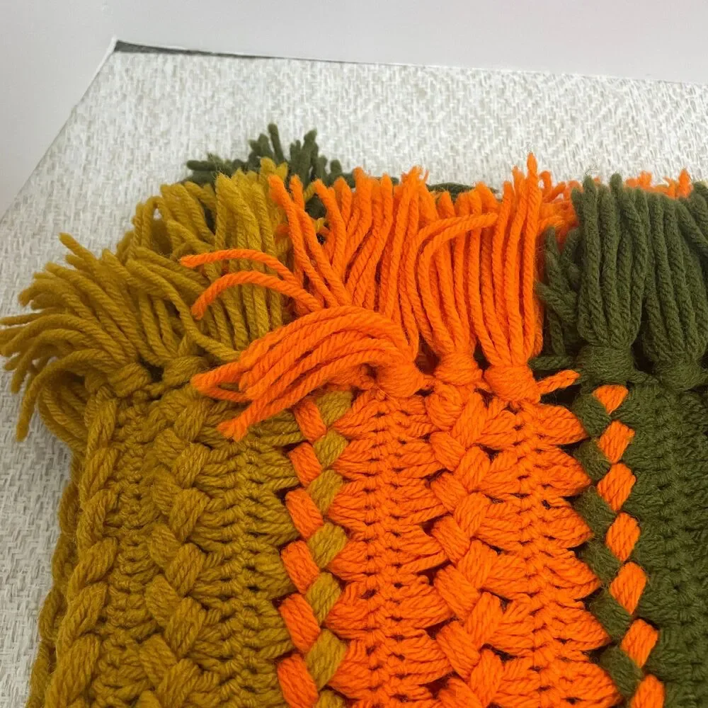 Homemade Throw Crochet Fall Color Retro Orange Green Brown Blanket 43 X 65